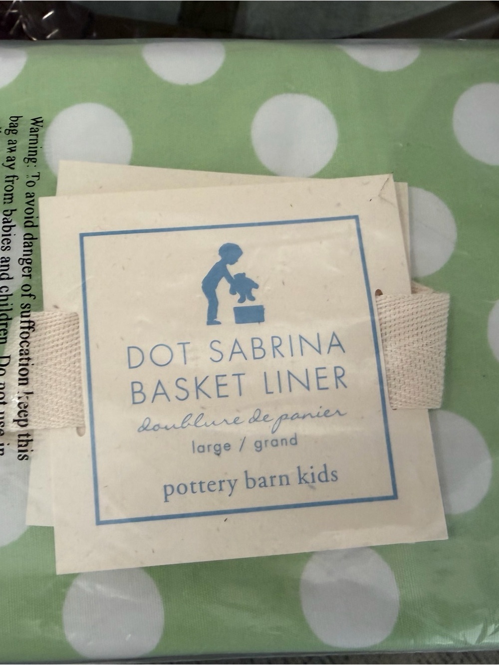 2 -“Lily” Pottery Barn Kids Dot Sabrina Basket Liner in Green w/White Polka Dots